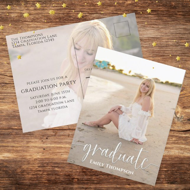 Graduate Elegant Photo Template Stylish Script Postcard (Elegant graduation design with stylish script and refined senior photo layout.)