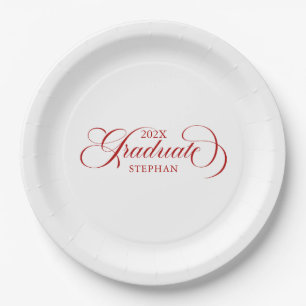 Graduate Elegant Red Script Typography Paper Plate