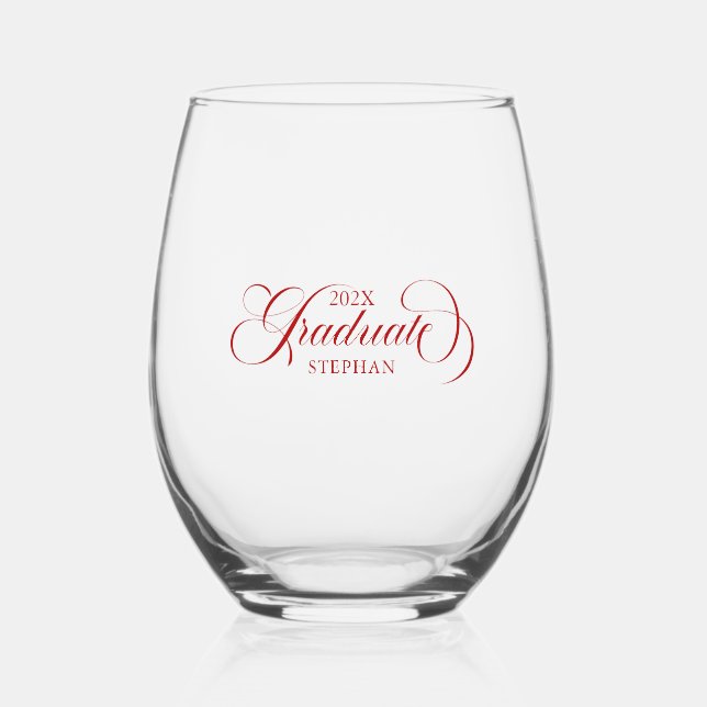 Graduate Elegant Red Script Typography Stemless Wine Glass (Front)