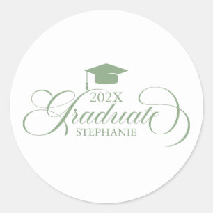 Graduate Elegant Sage Green Script Typography Classic Round Sticker