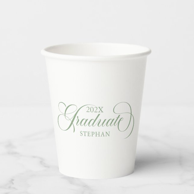 Graduate Elegant Sage Green Script Typography Paper Cups (Front)