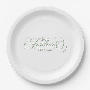 Graduate Elegant Sage Green Script Typography Paper Plate