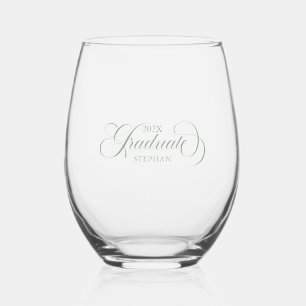 Graduate Elegant Sage Green Script Typography Stemless Wine Glass