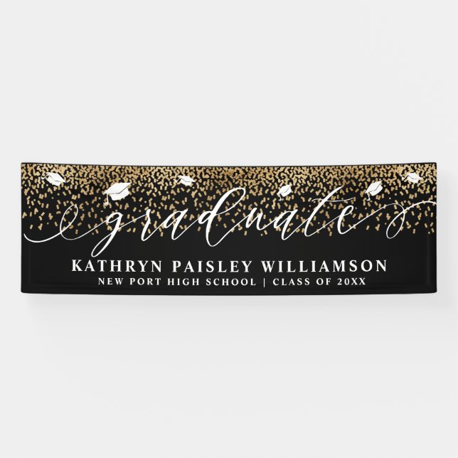 Graduate Elegant Script Gold Confetti Graduation Banner (Horizontal)