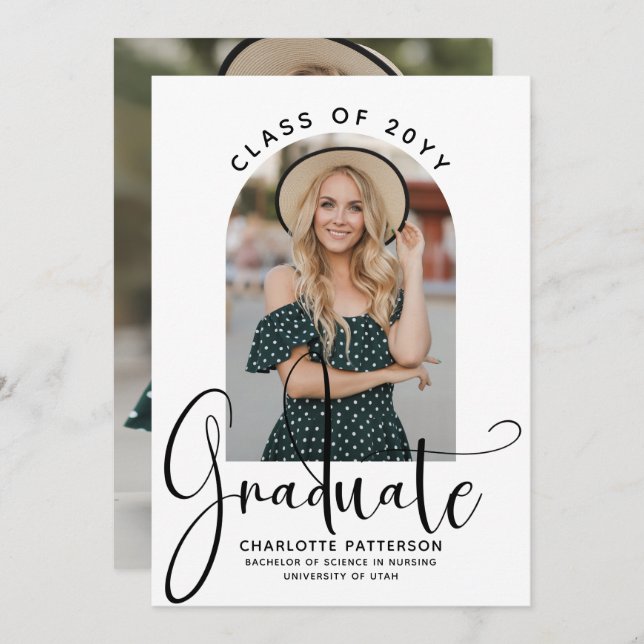 Graduate Elegant Script Graduation Arch Photo Invitation (Front/Back)