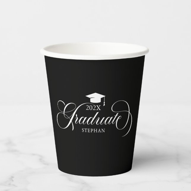 Graduate Elegant White Black Script Typography Paper Cups (Front)