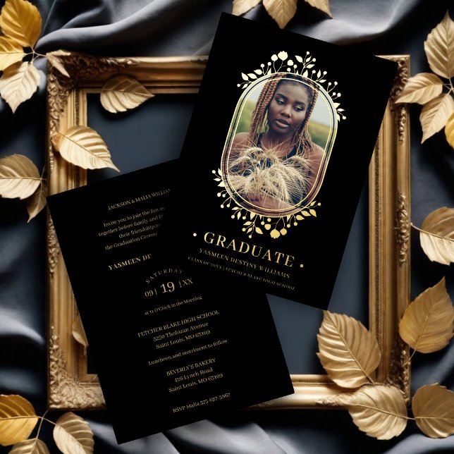 Graduate Fancy Botanical Oval Frame Golden effect (Graduate Fancy Botanical Oval Frame Golden effect Real Metallic Foil Invitation Card.)
