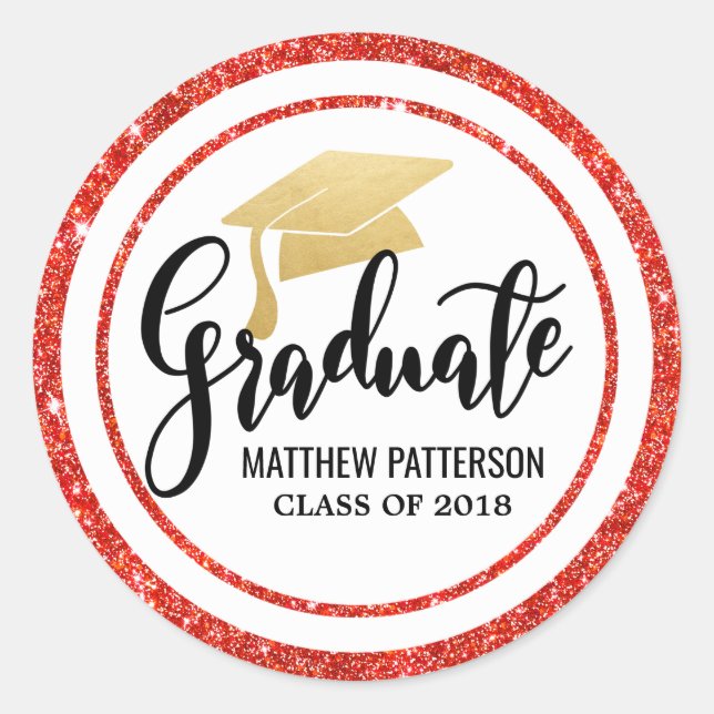 Graduate | Faux Gold Foil Hat Faux Red Glitter Classic Round Sticker (Front)