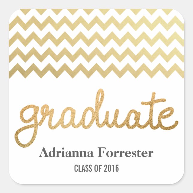 Graduate Faux Gold Foil Typography Chevron Pattern Square Sticker (Front)