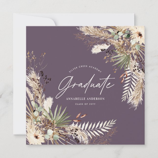 Graduate favour pampas eucalyptus elegant photo in invitation (Front)