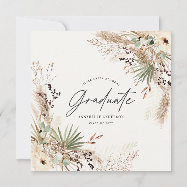 Graduate favour pampas eucalyptus elegant script invitation (Front)