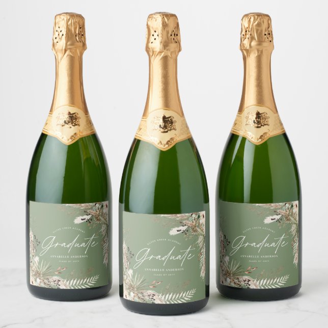 Graduate favour pampas grass eucalyptus sage green sparkling wine label (Bottles)