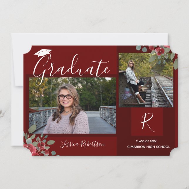Graduate Flowers and Squares Script Wine Announcement (Front)