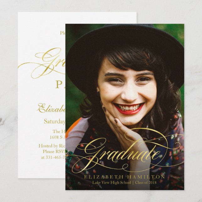 Graduate Foil Gold Classy Script Grad Party Photo Invitation (Front/Back)