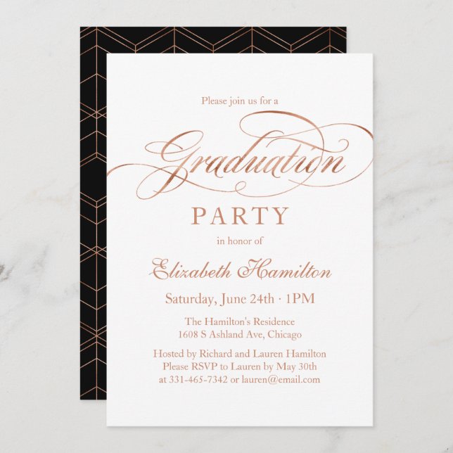 Graduate Foil Rose Gold Elegant Script Grad Party Invitation (Front/Back)