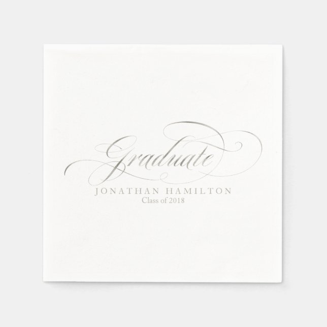 Graduate Foil Silver Fancy Calligraphy Graduation Napkin (Front)