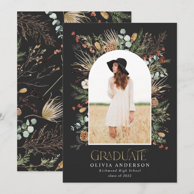 Graduate gold 1 photo black arch botanical modern announcement (Front/Back)
