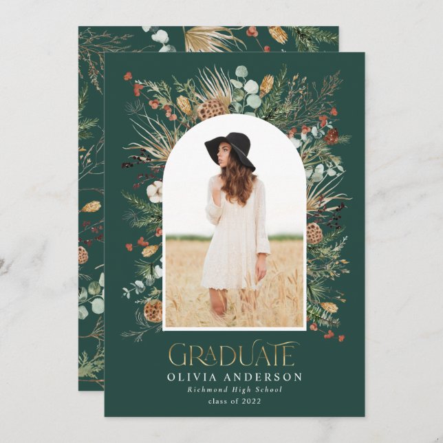 Graduate gold 1 photo green arch botanical modern announcement (Front/Back)