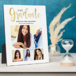 Graduate Gold 4 Photo Personalised Plaque<br><div class="desc">An elegant graduation plaque featuring Graduate in large flowing gold script with the class year, graduate's name, school, and four senior photos on a clean white background. The collage layout highlights one large portrait alongside three smaller photos for a warm, luxe display. Customise with favourite photos and details for a...</div>