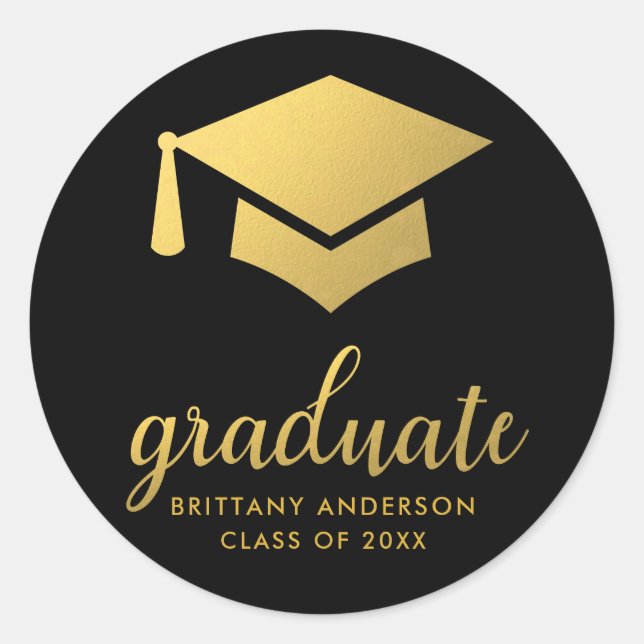 Graduate Gold and Black Classic Round Sticker (Front)