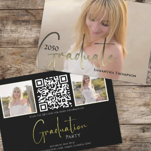 Graduate Gold Black Calligraphy Photo QR Code Invitation