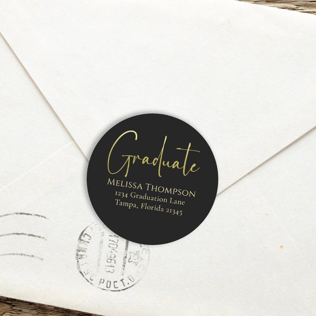 Graduate Gold Black Calligraphy Return Address  Classic Round Sticker (Creator Uploaded)