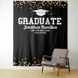 Graduate Gold Black Graduation Party Backdrop Tapestry