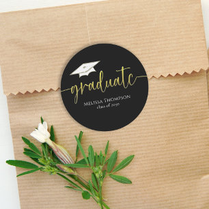 Graduate Gold Black Simple Graduation Cap Classic Round Sticker