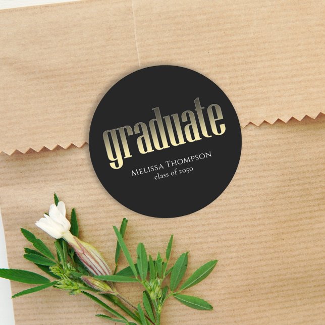 Graduate Gold Black Simple Minimalist Grad Classic Round Sticker (Creator Uploaded)