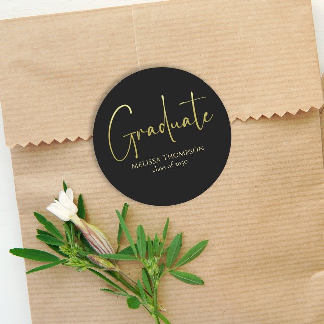 Graduate Gold Black Simple Minimalist Grad Classic Round Sticker (Creator Uploaded)