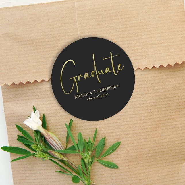 Graduate Gold Black Simple Minimalist Grad Classic Round Sticker (Creator Uploaded)
