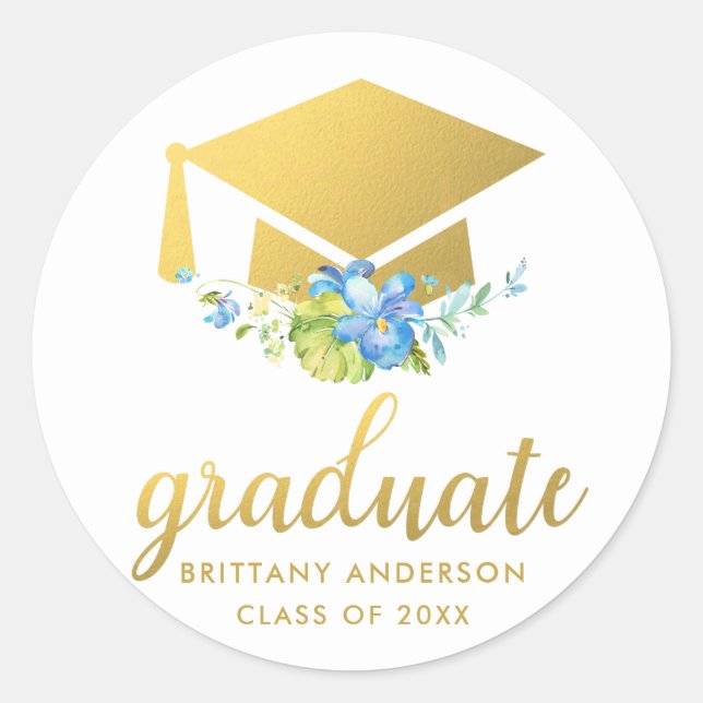 Graduate Gold Blue Watercolor Floral Classic Round Sticker (Front)