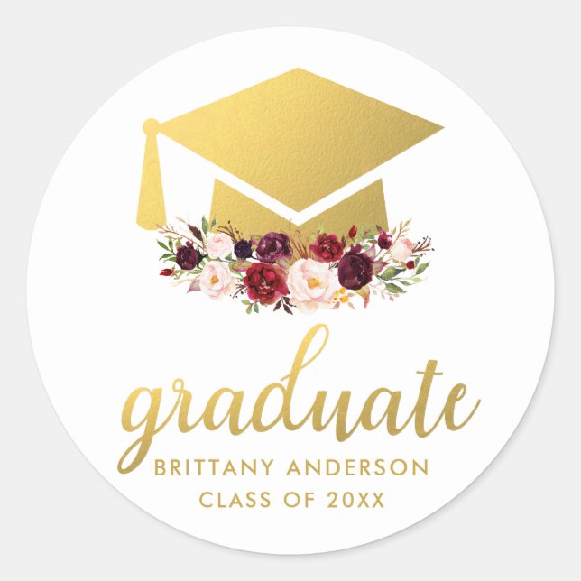 Graduate Gold Burgundy Watercolor Floral Classic Round Sticker (Front)