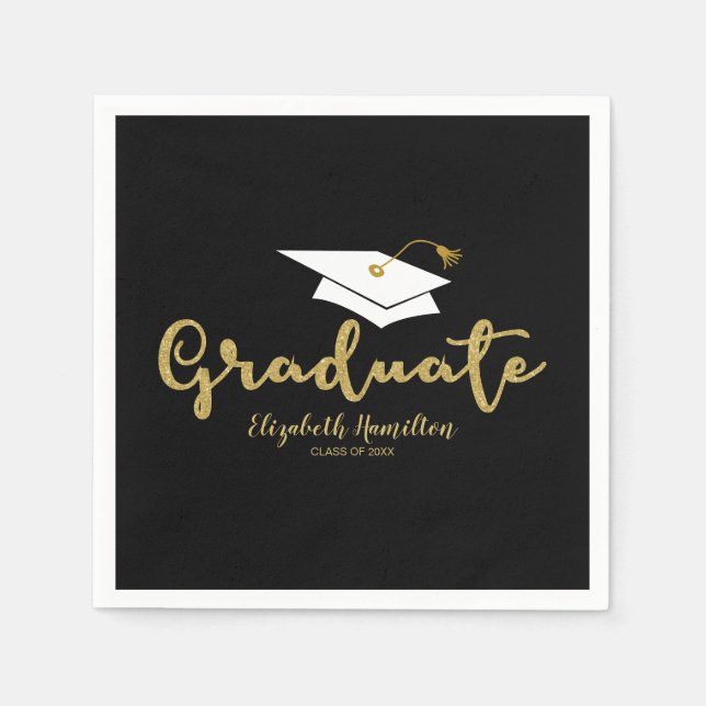 Graduate Gold Calligraphy Grad Cap Graduation Napkin (Front)