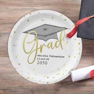 Graduate Gold Calligraphy Graduation Grad Cap Paper Plate