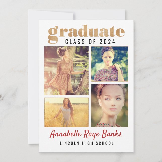Graduate Gold Class of 2024 White Collage Invitation (Front)