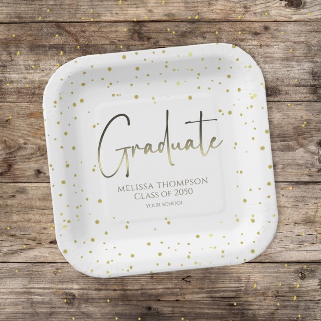 Graduate Gold Confetti Modern Calligraphy Script Paper Plate (Creator Uploaded)