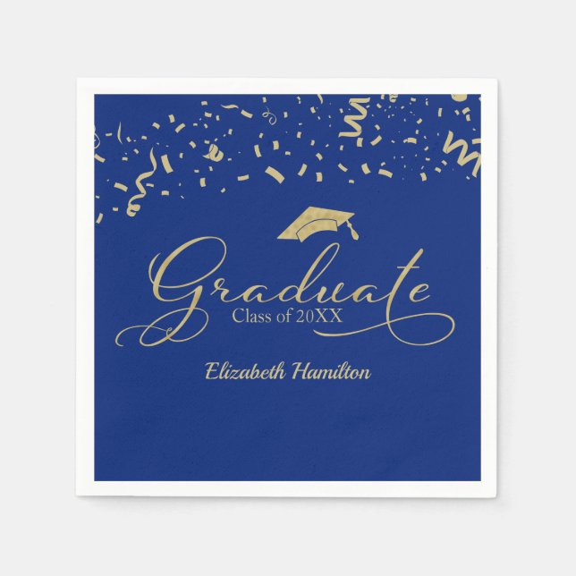 Graduate Gold Foil Graduation Party Blue Napkin (Front)