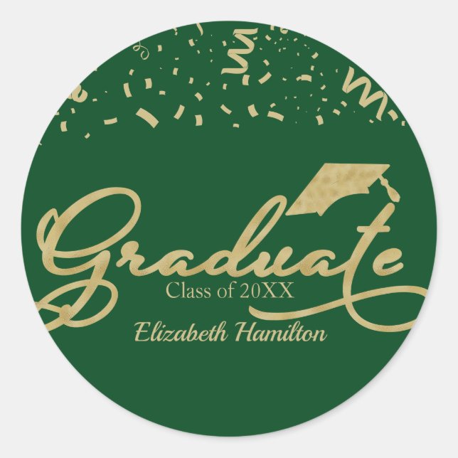 Graduate Gold Foil Graduation Party Green Classic Round Sticker (Front)
