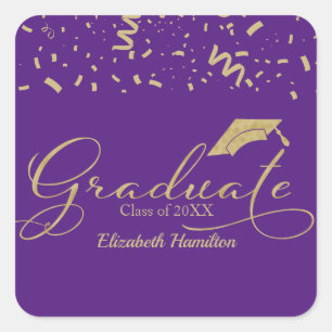 Graduate Gold Foil Graduation Party Purple Square Sticker