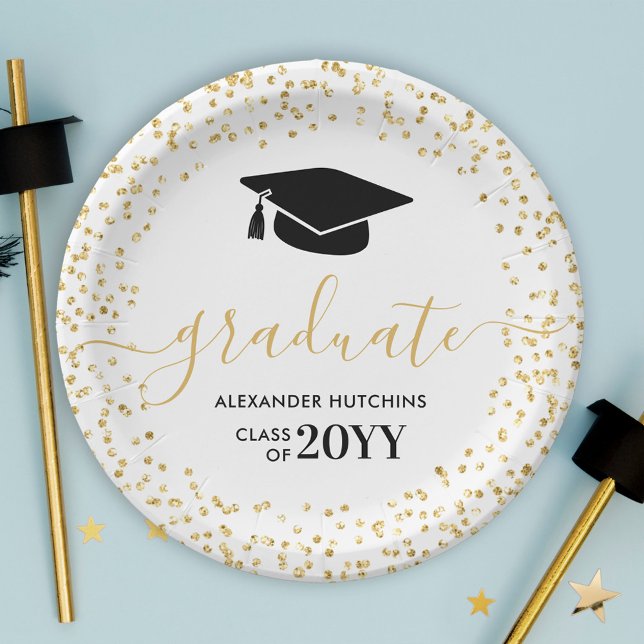 Graduate Gold Glitter Confetti Graduation Party Paper Plate (Creator Uploaded)