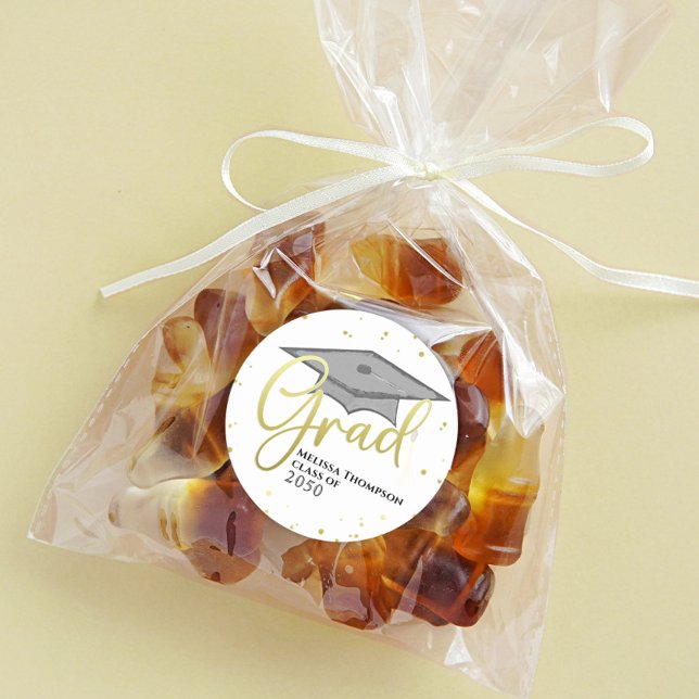 Graduate Gold Grad Calligraphy Graduation Cap Classic Round Sticker (Creator Uploaded)