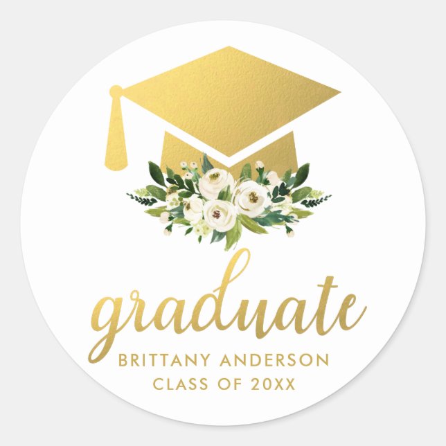 Graduate Gold Green Watercolor Floral Classic Round Sticker (Front)