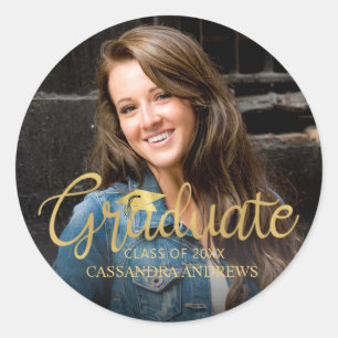 Graduate Gold Handwritten Script Photo Classic Round Sticker