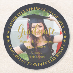 Graduate Gold Photo Round Paper Coaster