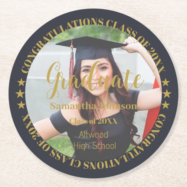Graduate Gold Photo Round Paper Coaster (Front)