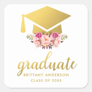 Graduate Gold Pink Watercolor Floral Square Sticker