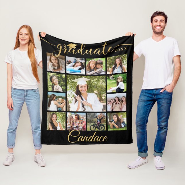 Graduate Gold Script 13 Photo Collage Your Colour Fleece Blanket (In Situ)
