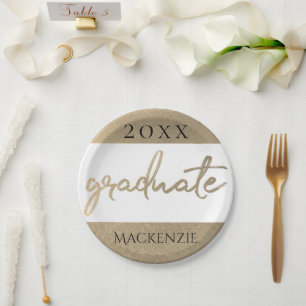 Graduate Gold Script Classy Brush with Year Paper Plate