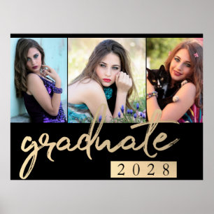 Graduate Gold Script Elegant 3 Photo Keepsake Poster